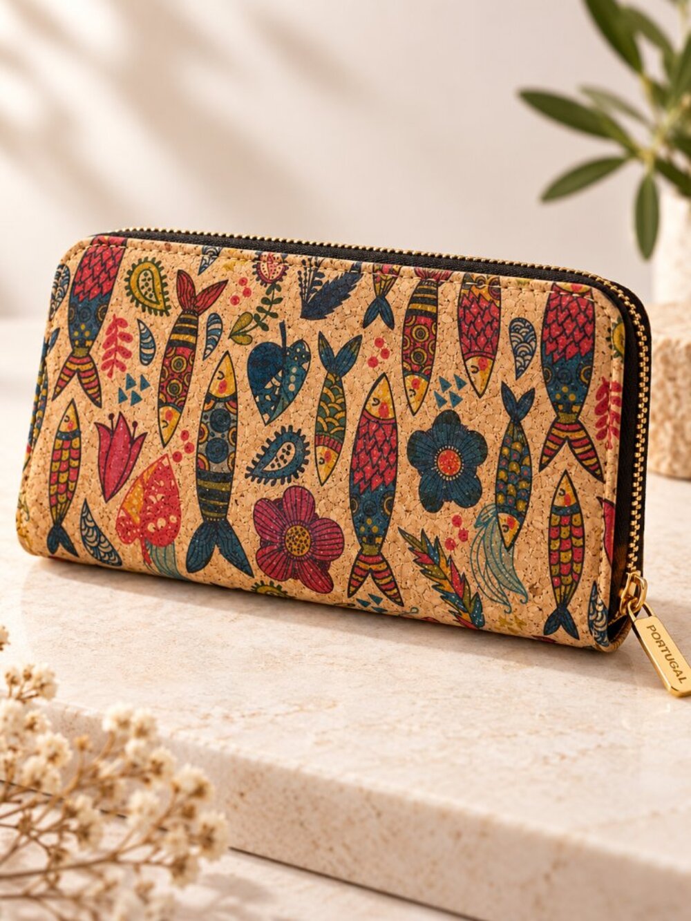 Portuguese Cork Sardine Wallet Vegan Floral Multicolor Zip